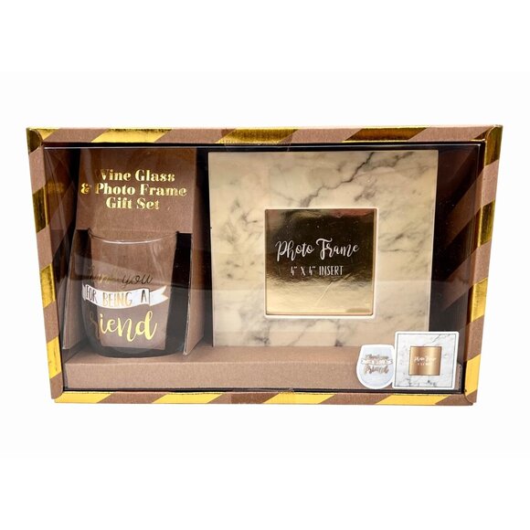 NIB THANK YOU FOR BEING A FRIEND WINE GLASS PHOTO FRAME GIFT SET GOLDEN GIRLS - Picture 1 of 4